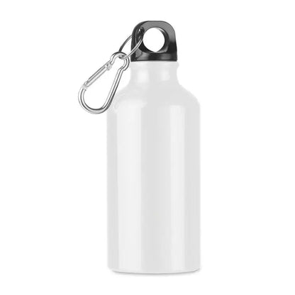 Flacon de aluminiu de 400 ml alb cu capac negru cu filet si carabiniera argintie