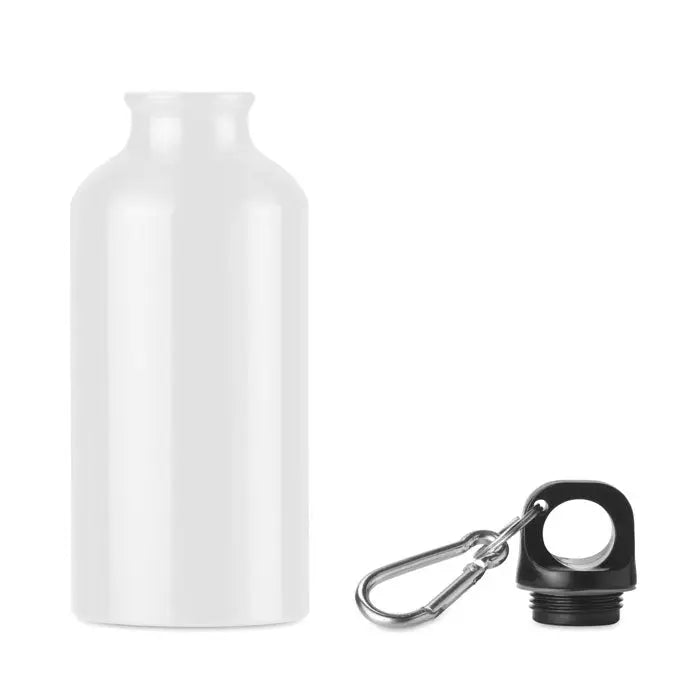 Flacon de aluminiu alb de 400 ml cu capac negru si carabiniera pentru apa reutilizabil