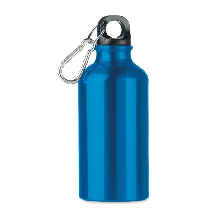 Flacon de aluminiu de 400 ml albastru cu capac negru infiletabil si carabiniera argintie