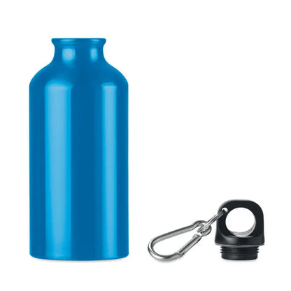Flacon de aluminiu de 400 ml albastru strălucitor cu capac negru cu filet și carabinieră argintie
