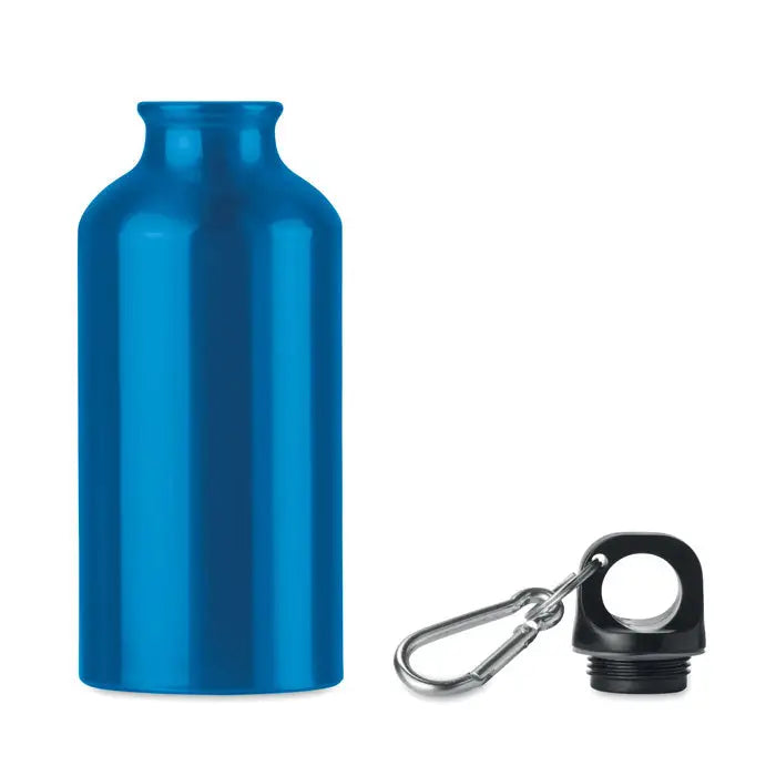 Flacon de aluminiu de 400 ml albastru cu capac negru si carabiniera argintie pentru bauturi portabile