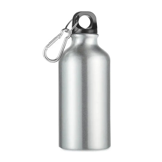 Flacon de aluminiu de 400 ml argintiu cu capac negru si carabiniera argintie atasata la varf