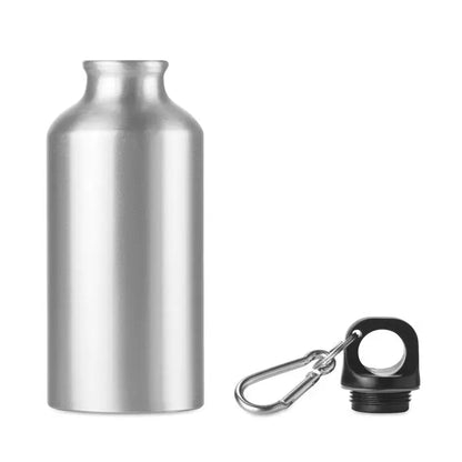Flacon de aluminiu de 400 ml argintiu cu capac negru cu filet si carabiniera pentru o hidratare usoara