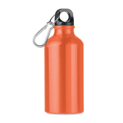 Flacon de aluminiu de 400 ml portocaliu metalizat cu capac negru si carabiniera argintie pentru apa