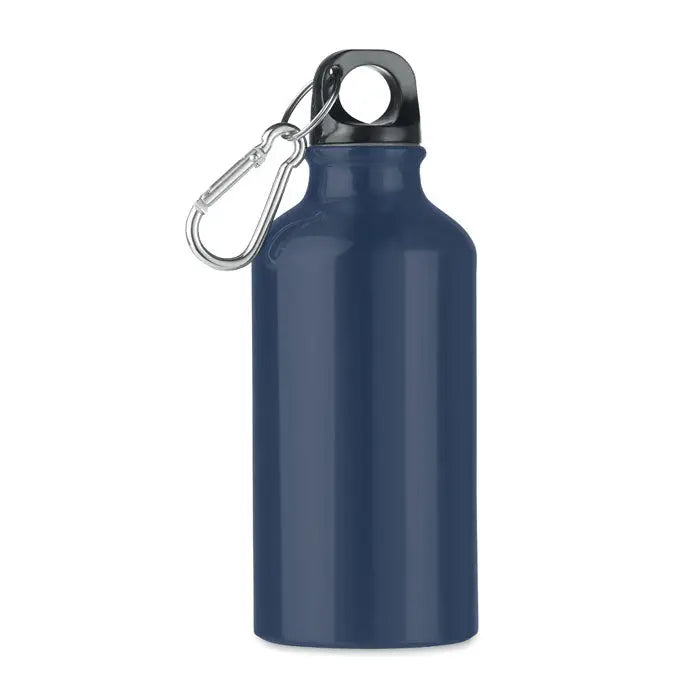 Flacon de aluminiu de 400 ml albastru metalic cu capac negru cu fileta si carabina argintie
