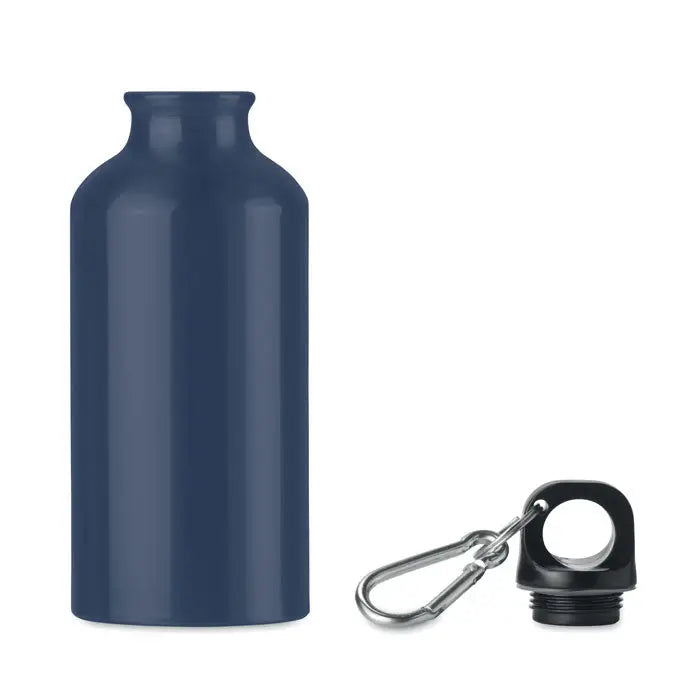Flacon de aluminiu de 400 ml albastru navy metalic cu capac negru infiletabil si carabiniera argintie