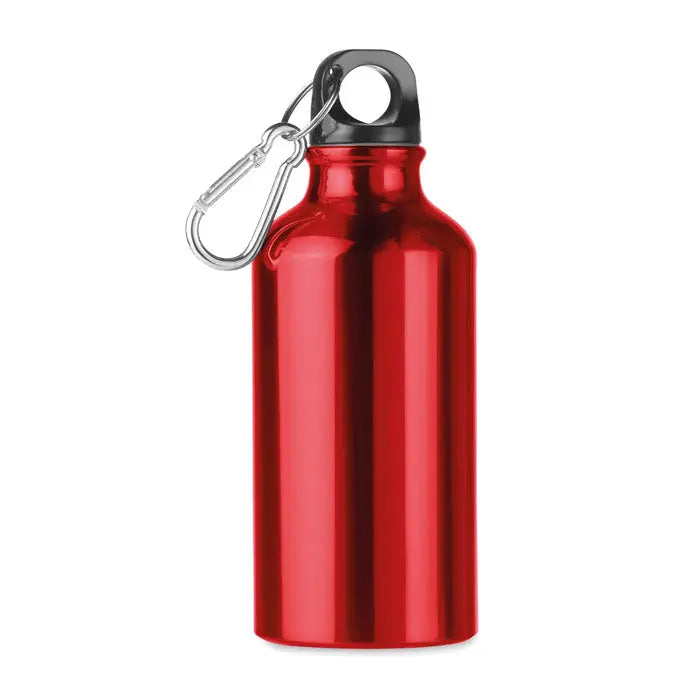 Flacon de aluminiu de 400 ml rosu metalic cu capac negru si carabiniera argintie