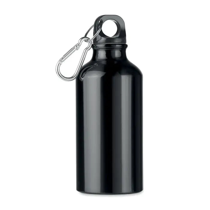 Flacon de aluminiu negru de 400 ml cu clip carabinier argintiu pentru hidratare usoara si portabilitate
