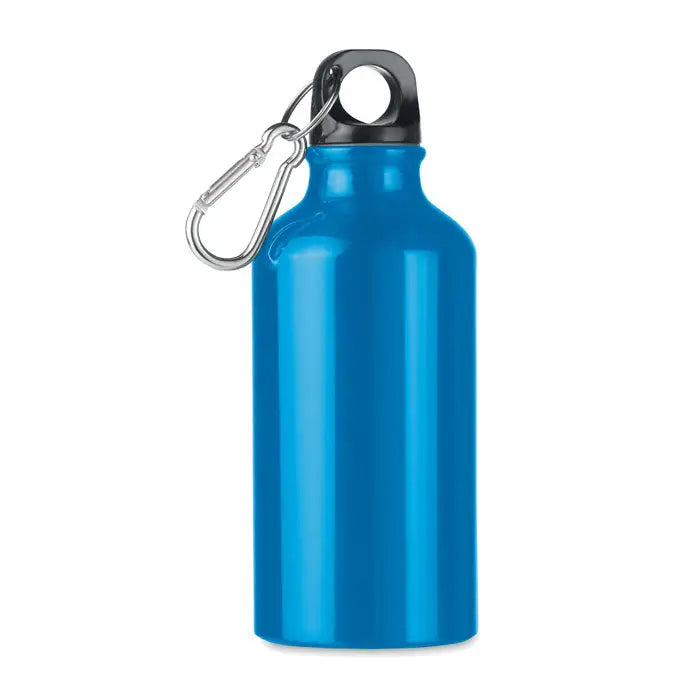 Flacon de aluminiu de 400 ml albastru metalic cu capac negru cu filet si carabiniera argintie