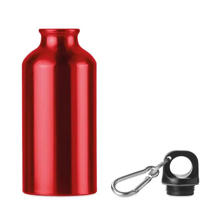 Flacon de aluminiu rosu de 400 ml cu capac negru si carabina argintie pentru hidratare usoara