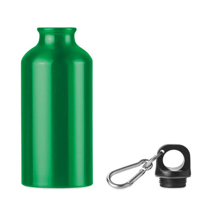 Flacon de aluminiu verde de 400 ml cu capac negru si carabiniera argintie pentru transport facil