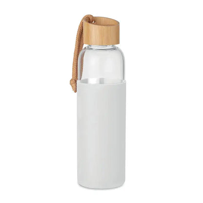 Flacon de sticla 500 ml cu maner din franghie, capac din bambus si husa din silicon alba mata