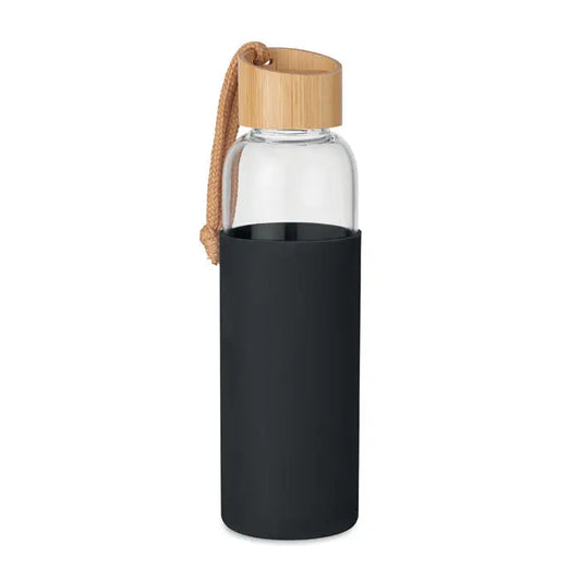 Flacon de sticla 500 ml cu capac din bambus si maneca din silicon negru pentru apa clara