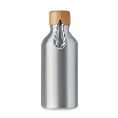 Flacon din aluminiu 400 ml argintiu cu capac natural din lemn si clema metalica carabiniera
