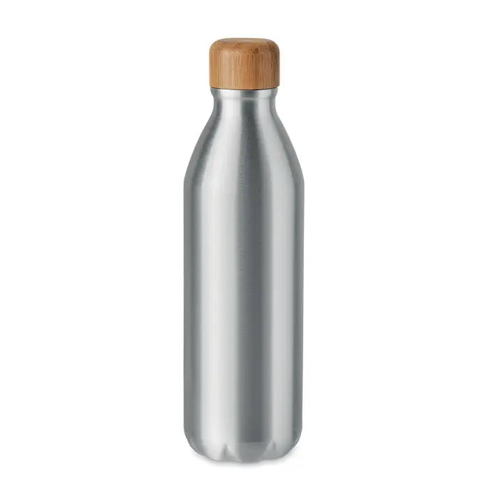 Flacon din aluminiu 550 ml argintiu cu capac natural din bambus pentru pastrarea lichidelor