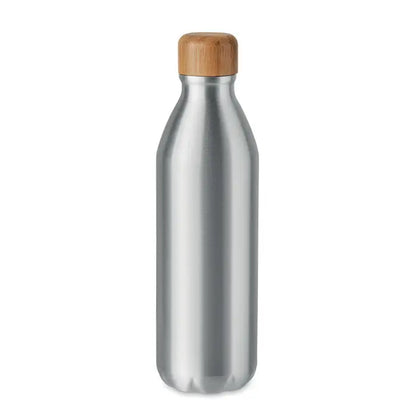 Flacon din aluminiu 550 ml argintiu cu capac natural din bambus pentru pastrarea lichidelor