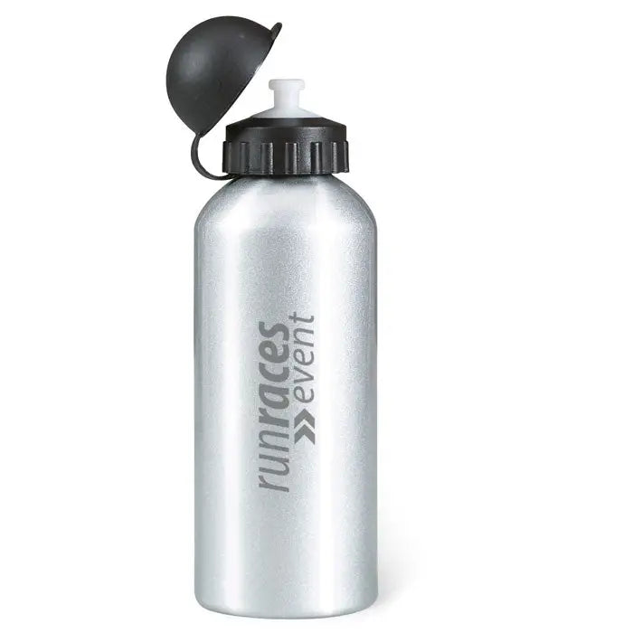 Flacon din aluminiu 600 ml argintiu cu capac negru rabatabil si gura alba cu logo runraces event pe lateral