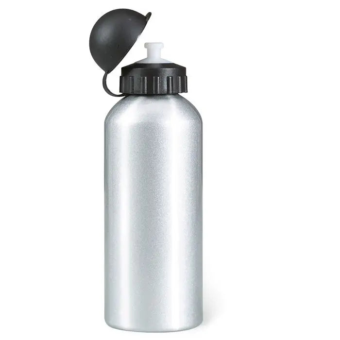 Flacon din aluminiu 600 ml argintiu cu capac negru flip-top si gura alba pentru bauturi reutilizabil