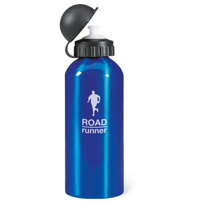 Flacon din aluminiu albastru metalic 600 ml cu capac negru rabatabil si logo argintiu road runner