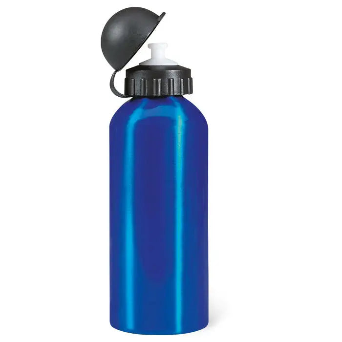 Flacon din aluminiu 600 ml albastru metalic cu capac negru rabatabil si gura alba pentru lichide