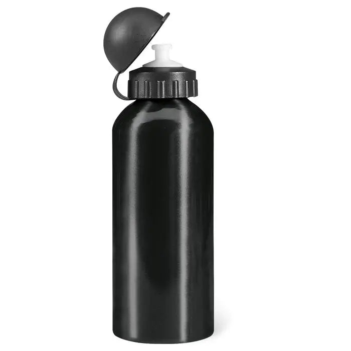 Flacon din aluminiu negru de 600 ml cu capac flip-top negru si dop alb pentru hidratare usoara