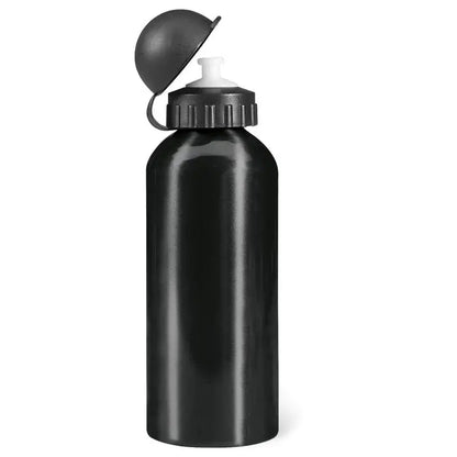 Flacon din aluminiu negru de 600 ml cu capac flip-top negru si dop alb pentru hidratare usoara