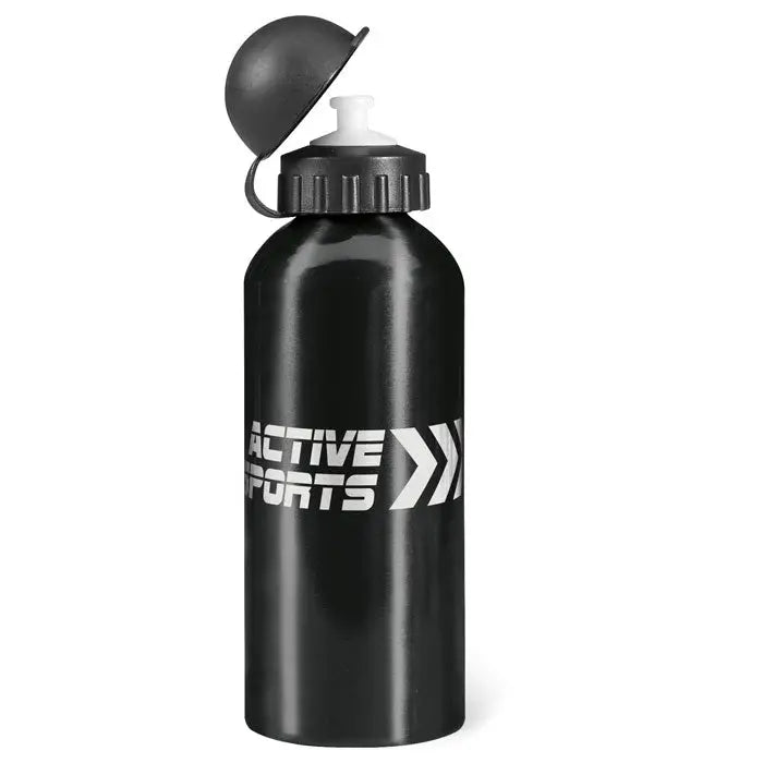 Flacon din aluminiu negru 600 ml cu logo alb active sports si doua sageti pentru sportivi activi