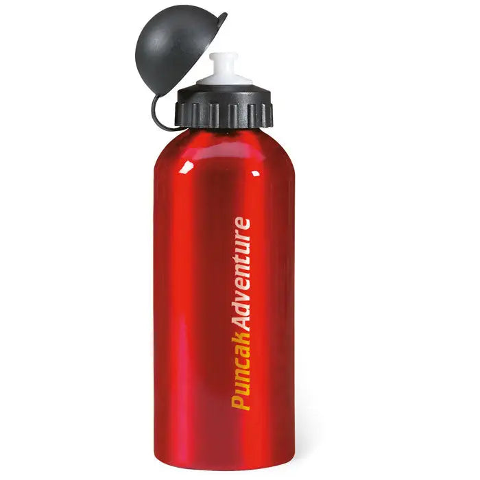 Flacon din aluminiu 600 ml rosu cu capac flip-top negru si alb si text puncak adventure auriu pe lateral