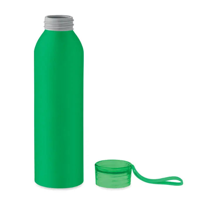 Flacon din aluminiu 600ml verde mat cu capac gri cu filet si capac transparent verde cu bucla atasata