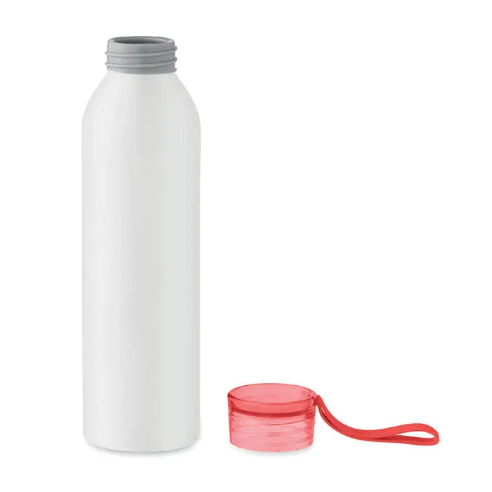 Flacon din aluminiu 600ml alb cu capac filetat gri si capac roz transparent cu curea rosie