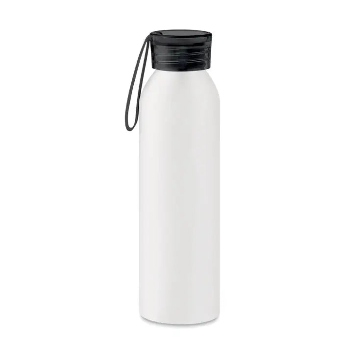 Flacon din aluminiu 600ml alb mat cu capac negru cu filet si loop integrat pentru transport facil