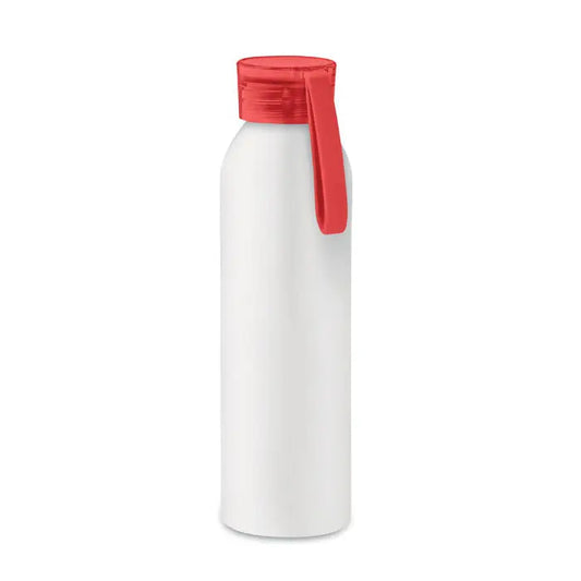 Flacon din aluminiu 600ml alb izolat cu capac rosu vibrant si maner pentru transport