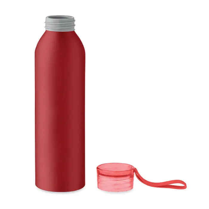 Flacon din aluminiu 600ml rosu mat cu capac gri cu filet si capac roz transparent cu breloc rosu