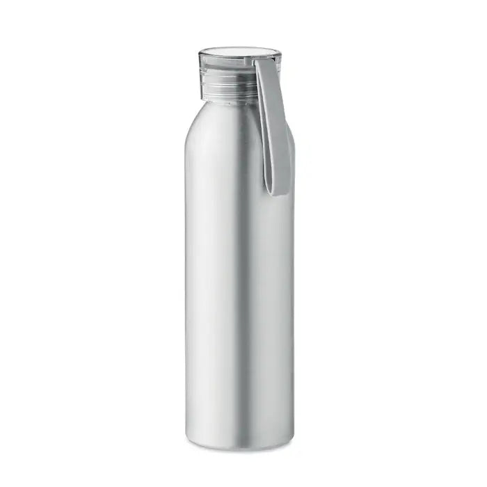 Flacon din aluminiu 600ml argintiu metalic cu capac transparent filetabile si curea gri din silicon