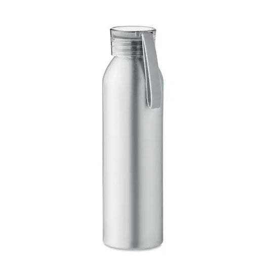 Flacon din aluminiu 600ml argintiu metalic cu capac transparent filetabile si curea gri din silicon