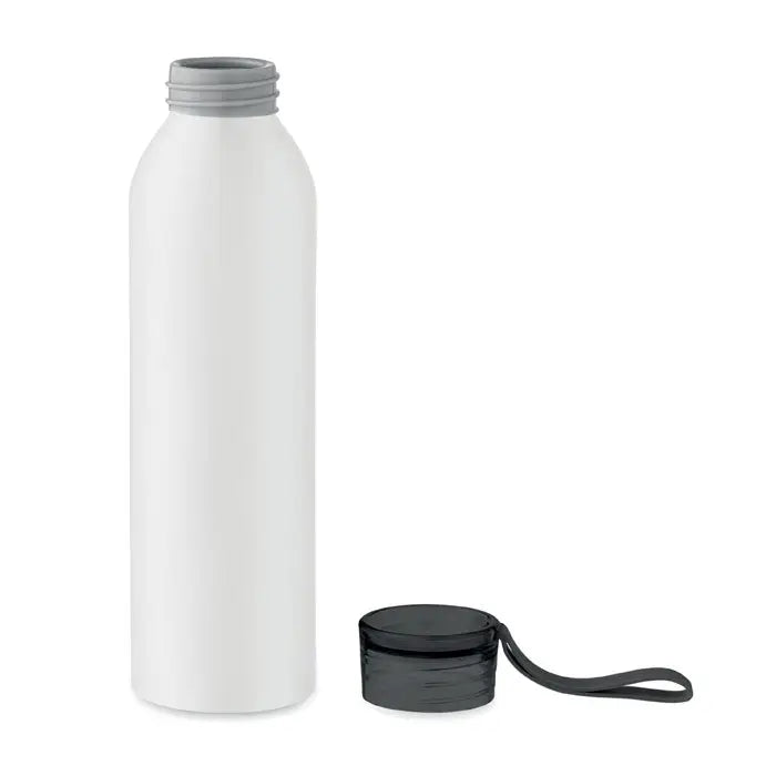 Flacon din aluminiu 600ml alb metalic cu capac negru si inel gri pentru transport usor