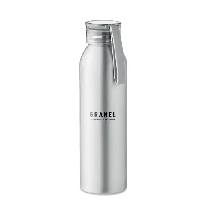 Flacon din aluminiu 600ml argintiu metalic cu capac clar si bareta din silicon gri marca granel