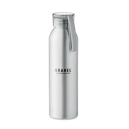 Flacon din aluminiu 600ml argintiu metalic cu capac clar si bareta din silicon gri marca granel