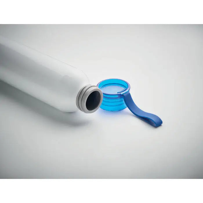 Flacon din aluminiu de 600ml alb cu capac albastru deschis flip-top si gat filetat gri