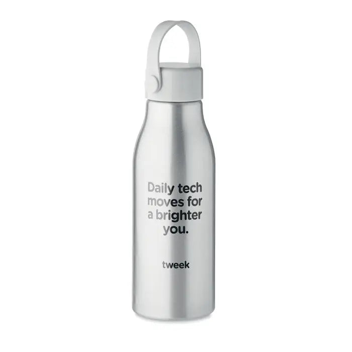 Flacon din aluminiu 650ml argintiu cu toarta alba si capac, text negru daily tech moves for a brighter you si brandul tweek