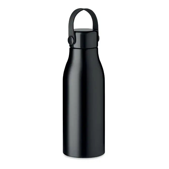 Flacon din aluminiu 650ml negru mat cu finisaj inox, mâner curbat elegant și capac filetat