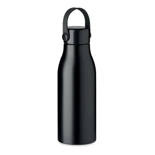 Flacon din aluminiu 650ml negru mat cu finisaj inox, mâner curbat elegant și capac filetat