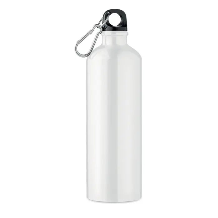 Flacon din aluminiu 750 ml alb cu capac negru si carabiniera argintie pentru apa
