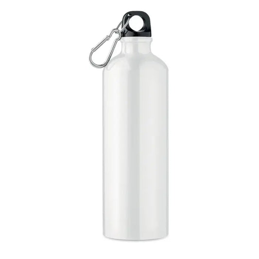 Flacon din aluminiu 750 ml alb cu capac negru si carabiniera argintie pentru apa