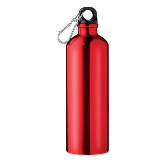 Flacon din aluminiu rosu metalic de 750 ml cu capac negru cu filet si carabina argintie
