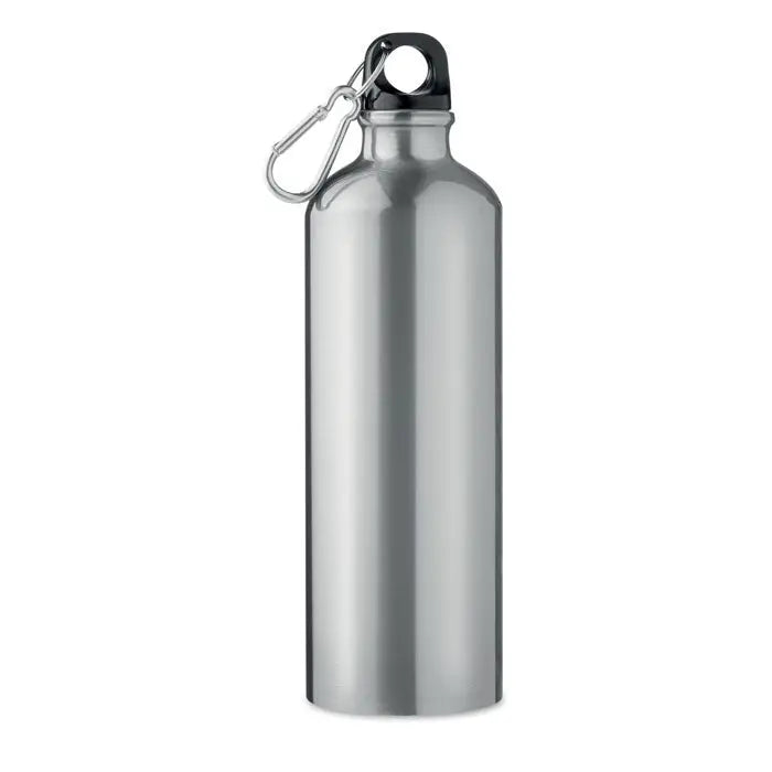 Flacon din aluminiu 750 ml argintiu cu capac negru cu filet si carabina argintie pentru hidratare usoara