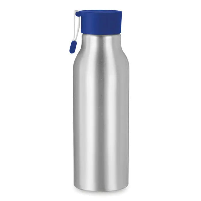 Flacon din aluminiu de 500 ml argintiu cu capac albastru din silicon si inel de prindere asortat