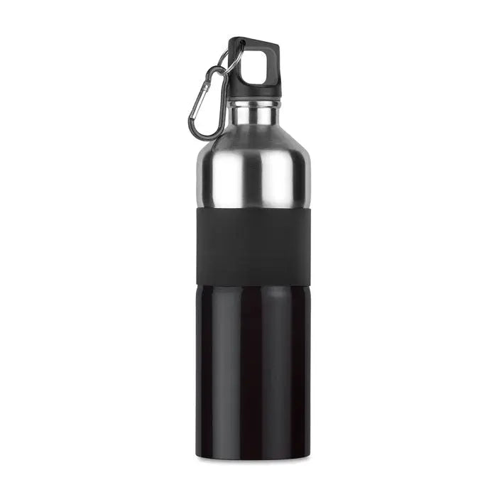 Flacon din otel inoxidabil 750 ml negru si argintiu cu banda de silicon si carabiniera pe capac