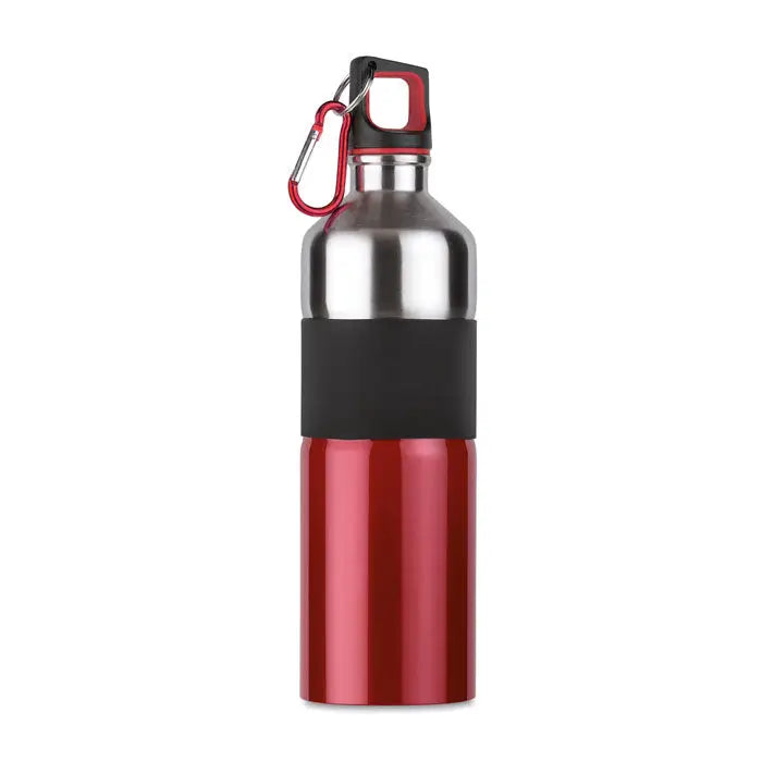 Flacon din otel inoxidabil 750 ml rosu si argintiu cu banda neagra pentru prindere si carabina rosie