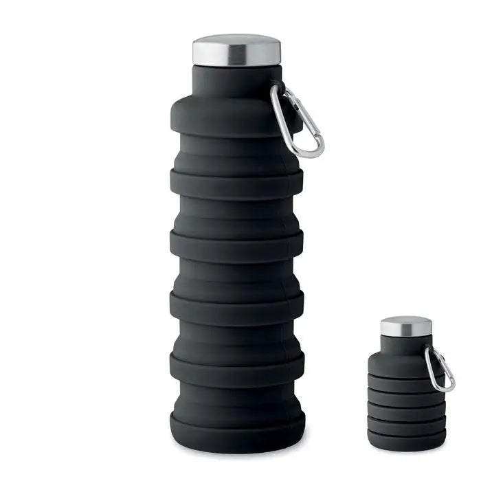 Flacon pliabil de 500 ml negru din silicon cu capac din otel inoxidabil si carabiniera